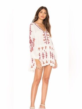 Free People White Mini Dress with Red Embroidery